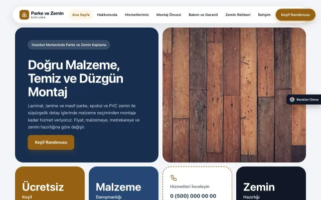 Parke ve Zemin Kaplama için Mozaik Mavi Turuncu – Parke ve Zemin Kaplama Web Sitesi ana sayfa görünümü