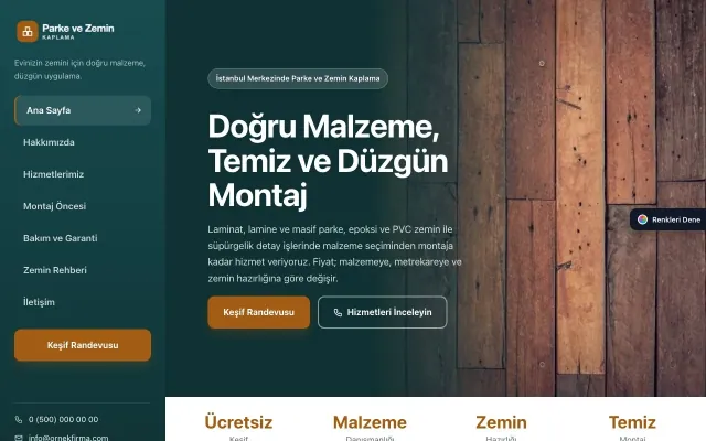 Parke ve Zemin Kaplama için Sol Menü Petrol Turuncu – Parke ve Zemin Kaplama Web Sitesi ana sayfa görünümü