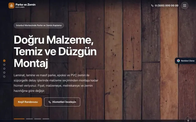 Parke ve Zemin Kaplama için Tam Ekran Lacivert Turuncu – Parke ve Zemin Kaplama Web Sitesi ana sayfa görünümü