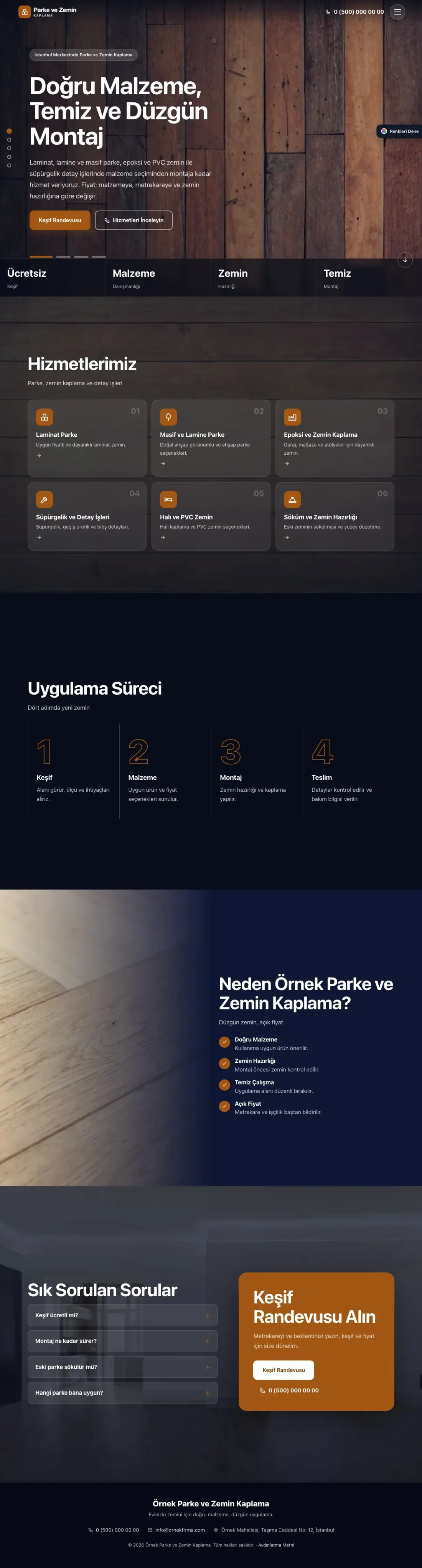 Parke ve Zemin Kaplama için Tam Ekran Lacivert Turuncu – Parke ve Zemin Kaplama Web Sitesi ana sayfa görünümü
