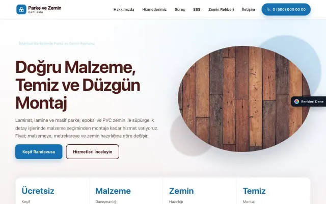 Parke ve Zemin Kaplama için Tek Sayfa Bordo Mavi – Parke ve Zemin Kaplama Web Sitesi ana sayfa görünümü
