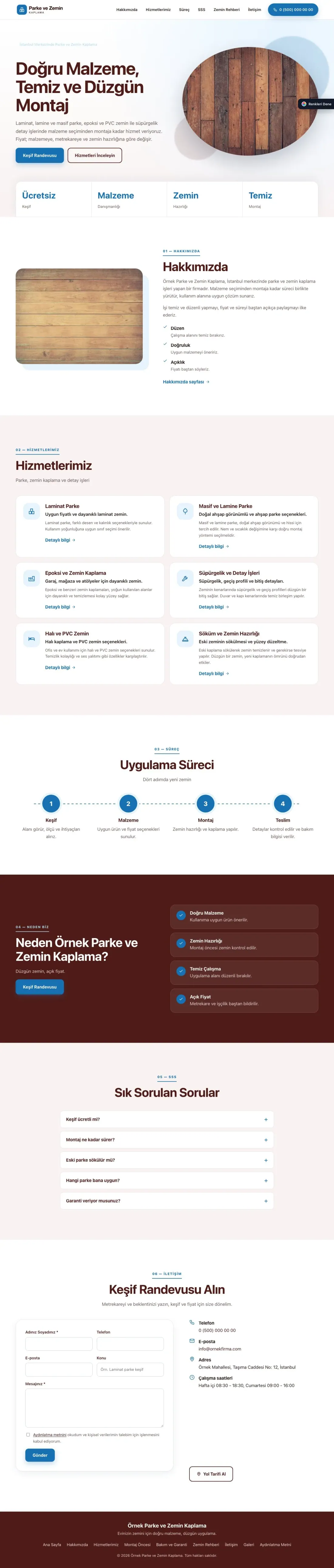 Parke ve Zemin Kaplama için Tek Sayfa Bordo Mavi – Parke ve Zemin Kaplama Web Sitesi ana sayfa görünümü