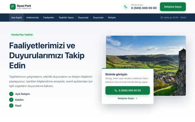 Bölünmüş Mavi Yeşil – Parti ve Aday Web Sitesi ana sayfa görünümü