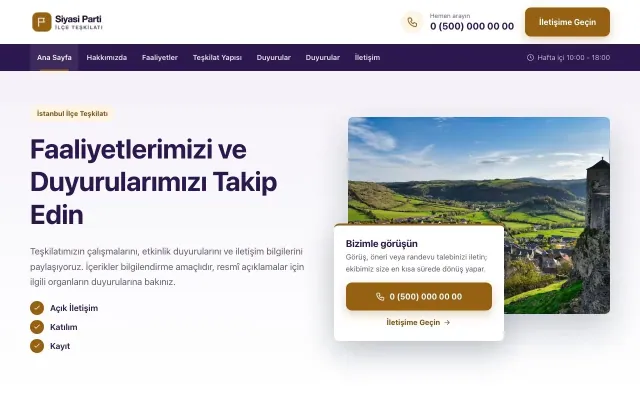 Bölünmüş Mor Turuncu – Parti ve Aday Web Sitesi ana sayfa görünümü