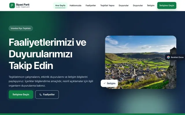Parti ve Aday için Hareketli Mavi Yeşil – Parti ve Aday Web Sitesi ana sayfa görünümü