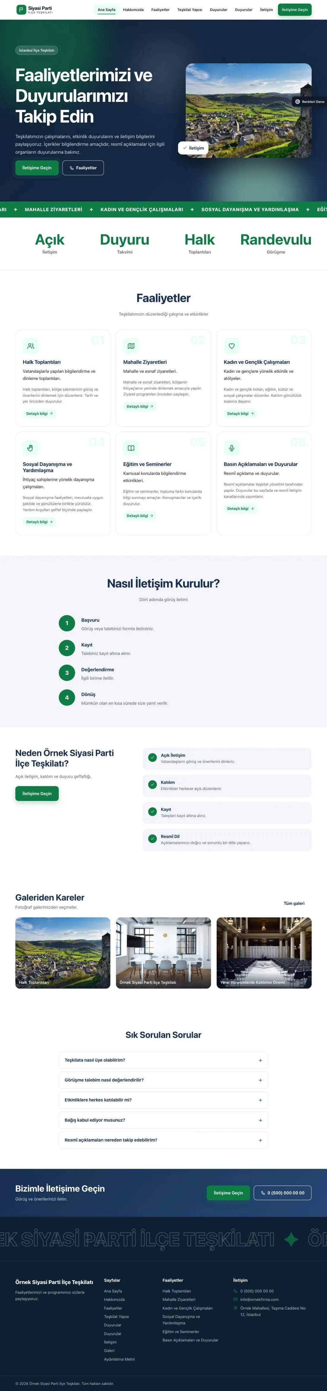 Parti ve Aday için Hareketli Mavi Yeşil – Parti ve Aday Web Sitesi ana sayfa görünümü