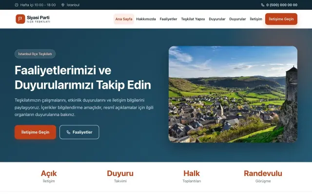 Klasik Mavi Turuncu – Parti ve Aday Web Sitesi ana sayfa görünümü