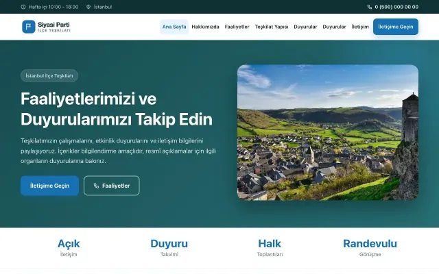 Klasik Petrol Mavi – Parti ve Aday Web Sitesi ana sayfa görünümü