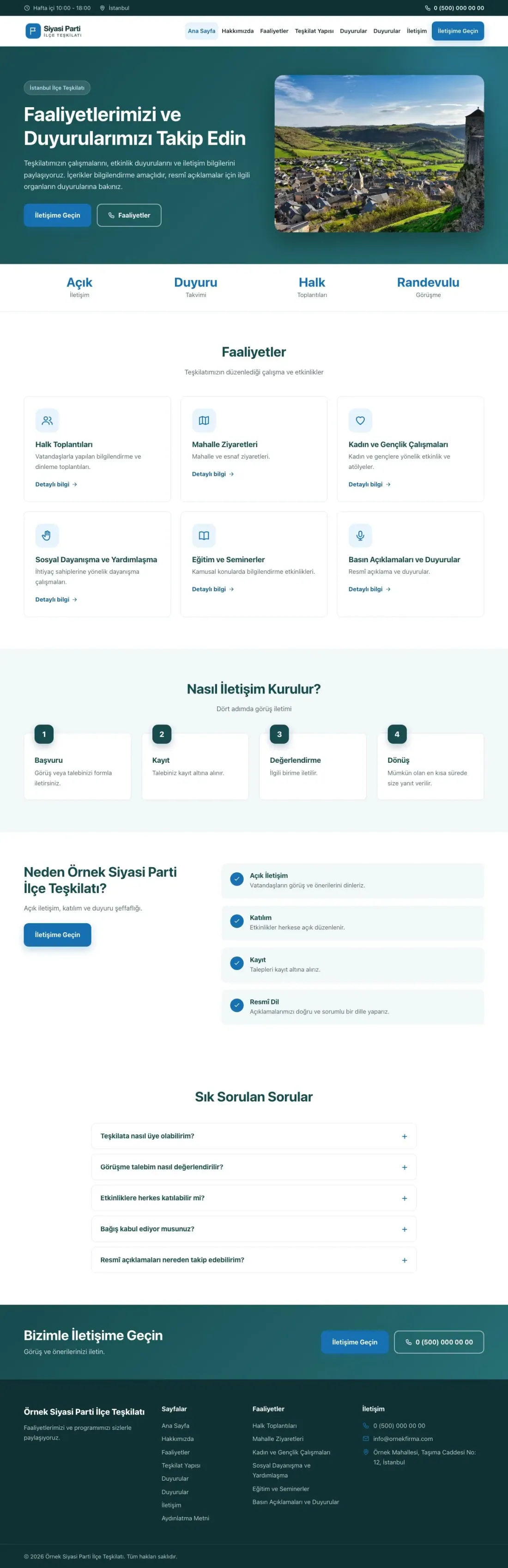 Klasik Petrol Mavi – Parti ve Aday Web Sitesi ana sayfa görünümü