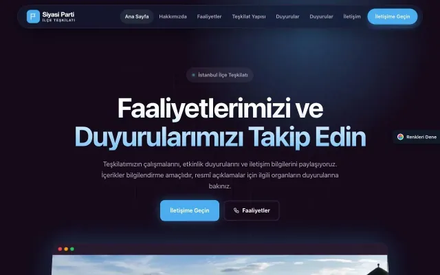 Parti ve Aday için Koyu Modern Mor Mavi – Parti ve Aday Web Sitesi ana sayfa görünümü