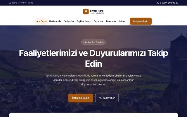 Merkez Lacivert Turuncu – Parti ve Aday Web Sitesi ana sayfa görünümü