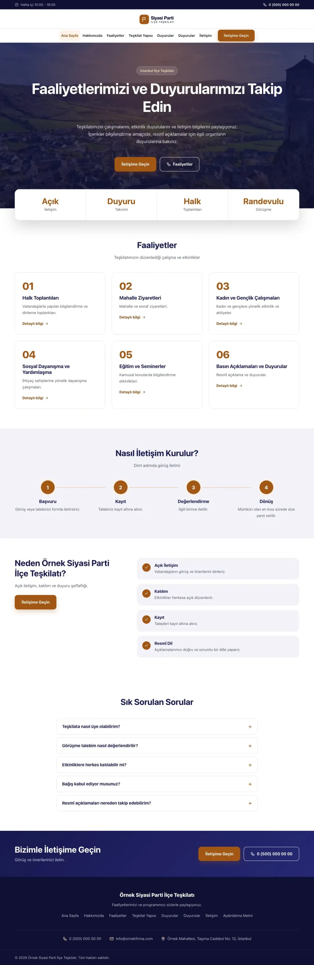 Merkez Lacivert Turuncu – Parti ve Aday Web Sitesi ana sayfa görünümü
