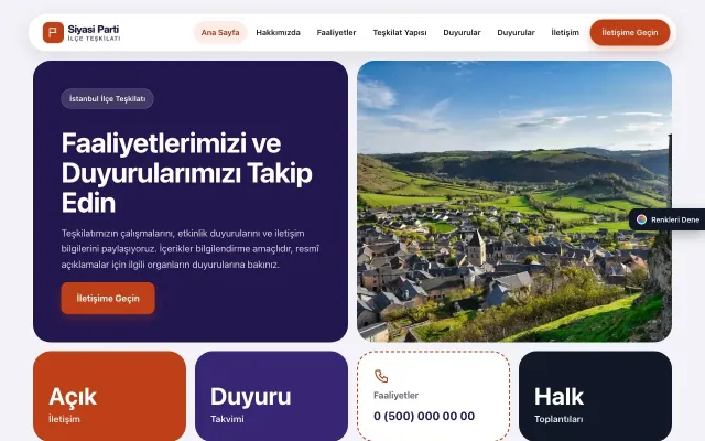 Parti ve Aday için Mozaik Lacivert Turuncu – Parti ve Aday Web Sitesi ana sayfa görünümü