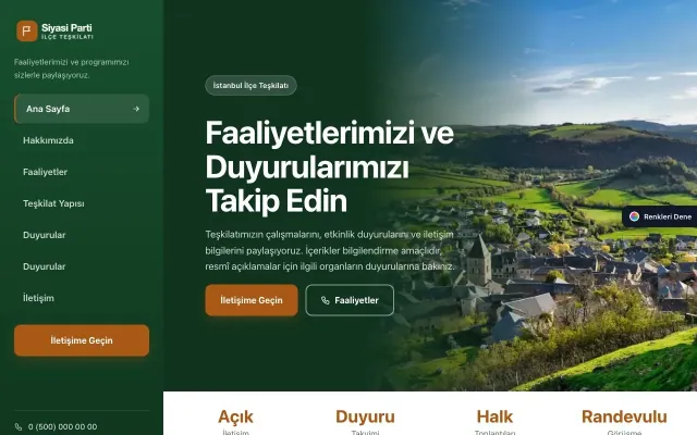 Parti ve Aday için Sol Menü Yeşil Turuncu – Parti ve Aday Web Sitesi ana sayfa görünümü