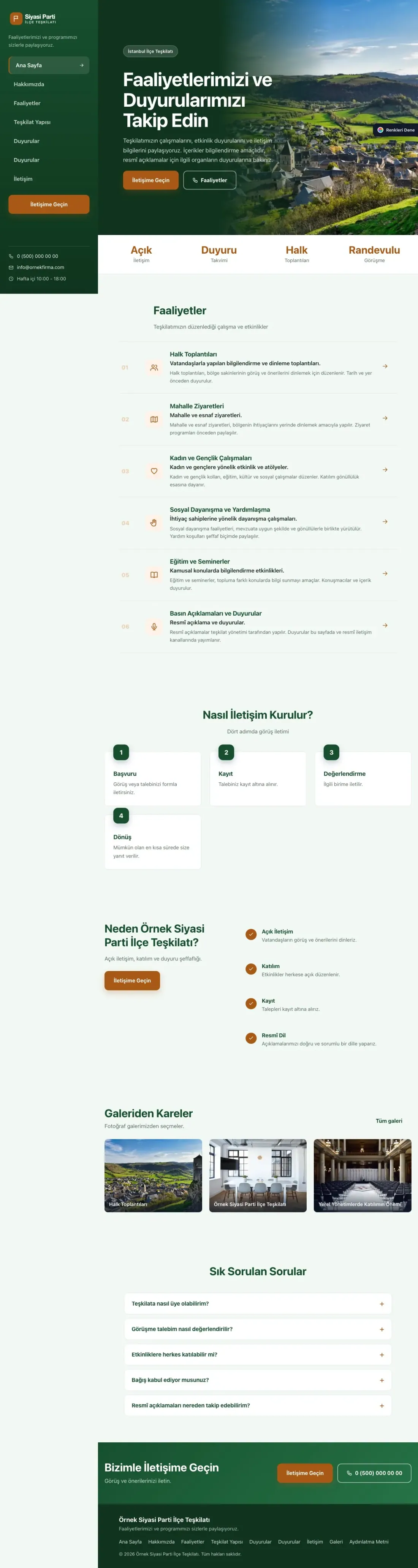 Parti ve Aday için Sol Menü Yeşil Turuncu – Parti ve Aday Web Sitesi ana sayfa görünümü