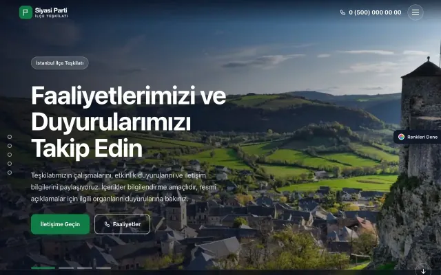 Parti ve Aday için Tam Ekran Lacivert Yeşil – Parti ve Aday Web Sitesi ana sayfa görünümü
