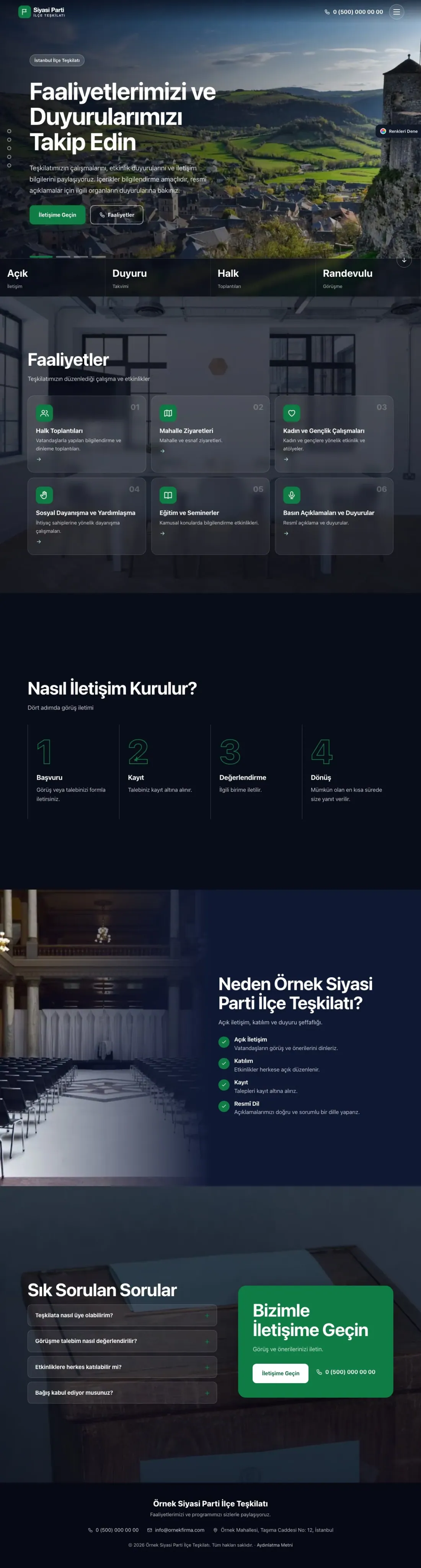 Parti ve Aday için Tam Ekran Lacivert Yeşil – Parti ve Aday Web Sitesi ana sayfa görünümü