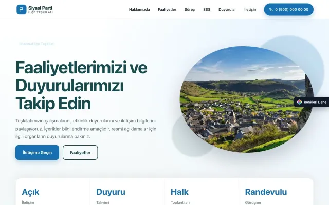 Parti ve Aday için Tek Sayfa Petrol Mavi – Parti ve Aday Web Sitesi ana sayfa görünümü