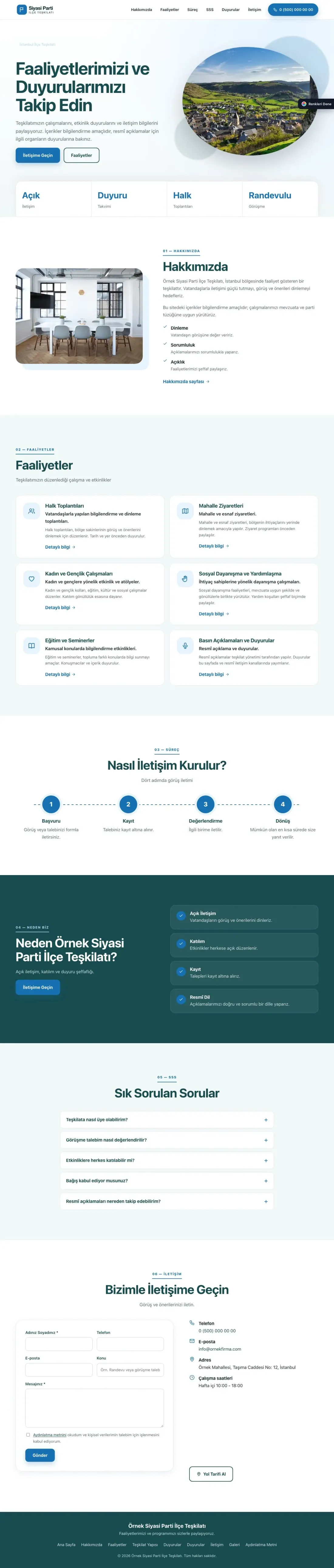 Parti ve Aday için Tek Sayfa Petrol Mavi – Parti ve Aday Web Sitesi ana sayfa görünümü