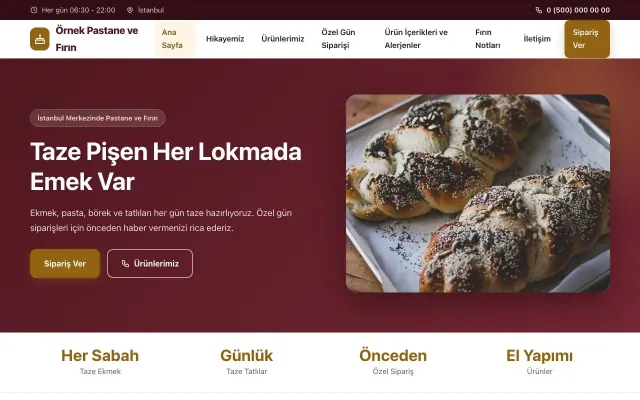 Pastane ve Fırın için Klasik Bordo Turuncu – Pastane ve Fırın Web Sitesi ana sayfa görünümü
