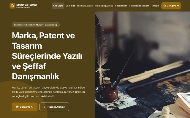 Blok Kahve Amber – Patent ve Marka Danışmanlığı Web Sitesi ana sayfa görünümü