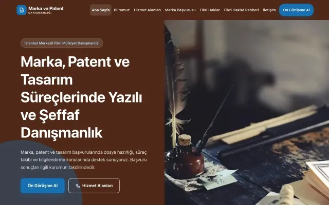 Blok Kahve Mavi – Patent ve Marka Danışmanlığı Web Sitesi ana sayfa görünümü