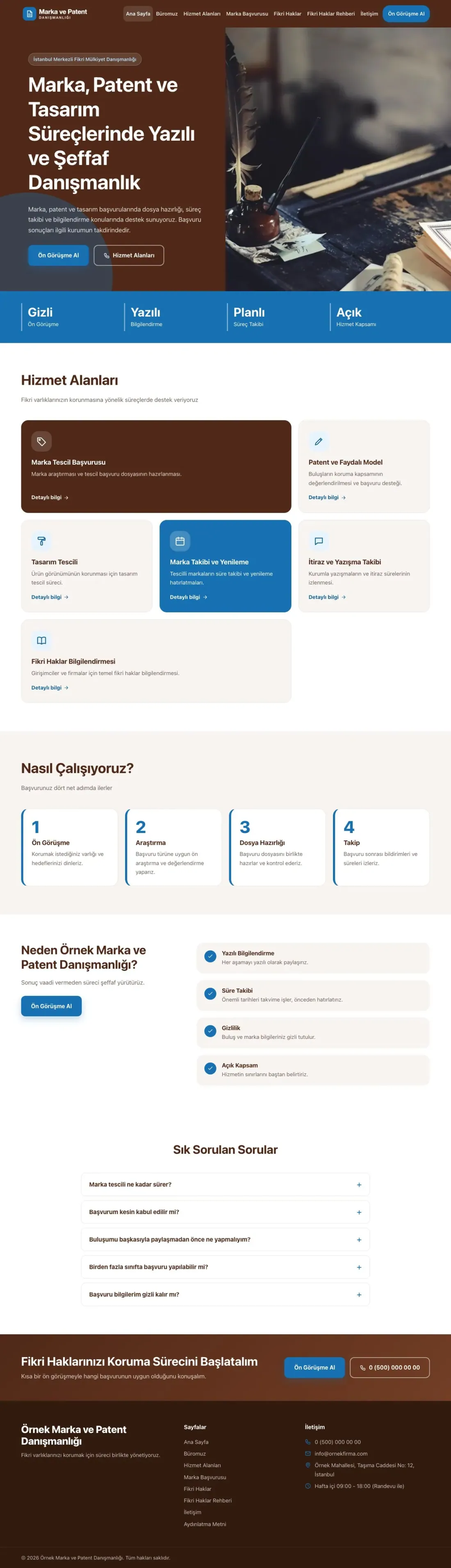 Blok Kahve Mavi – Patent ve Marka Danışmanlığı Web Sitesi ana sayfa görünümü