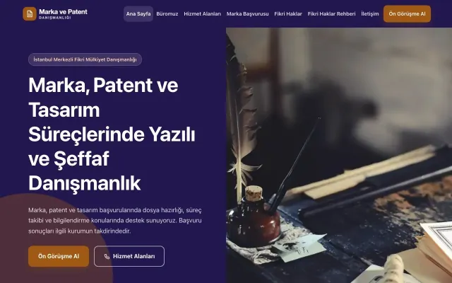 Blok Lacivert Turuncu – Patent ve Marka Danışmanlığı Web Sitesi ana sayfa görünümü