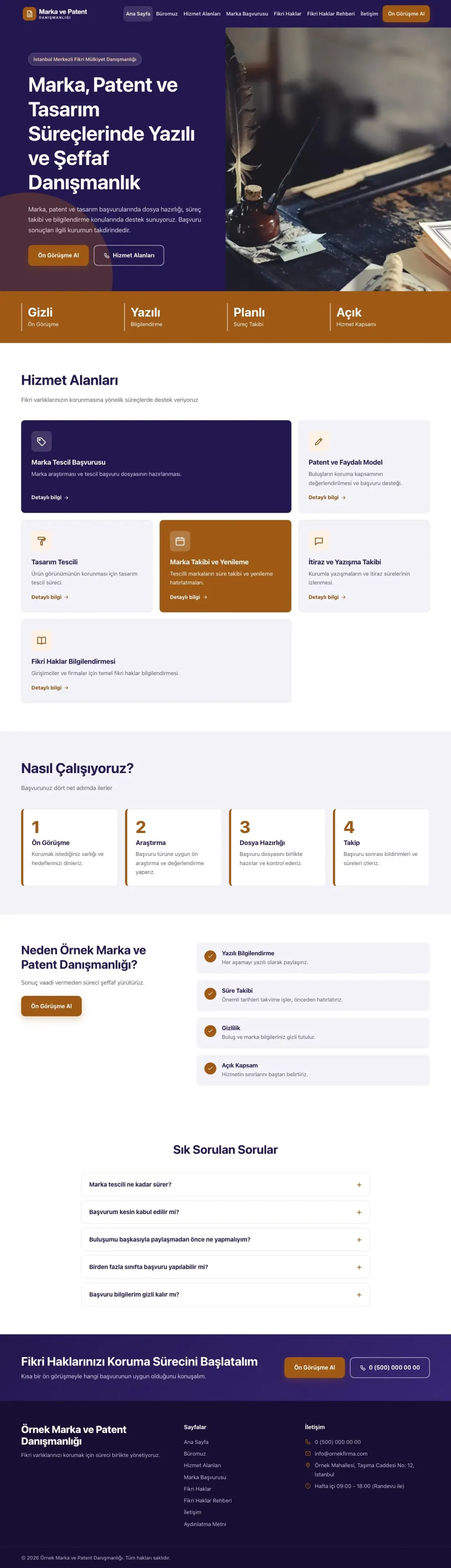 Blok Lacivert Turuncu – Patent ve Marka Danışmanlığı Web Sitesi ana sayfa görünümü