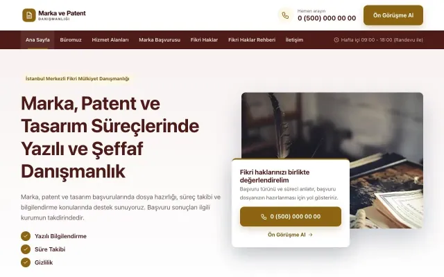 Bölünmüş Bordo Amber – Patent ve Marka Danışmanlığı Web Sitesi ana sayfa görünümü