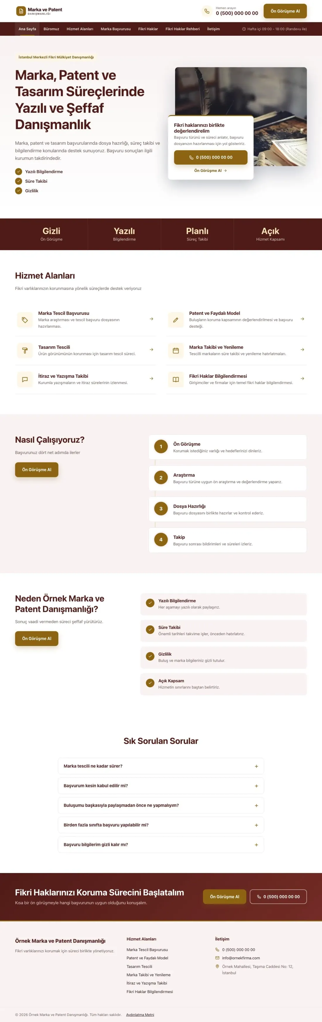 Bölünmüş Bordo Amber – Patent ve Marka Danışmanlığı Web Sitesi ana sayfa görünümü