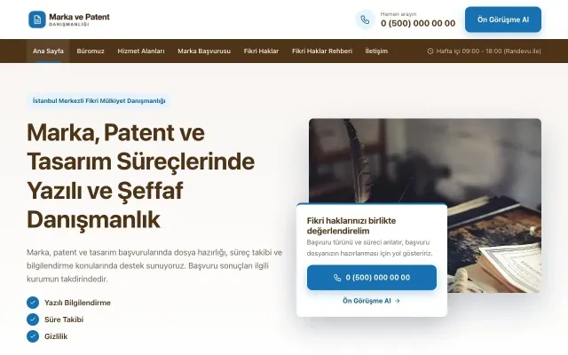 Bölünmüş Kahve Mavi – Patent ve Marka Danışmanlığı Web Sitesi ana sayfa görünümü
