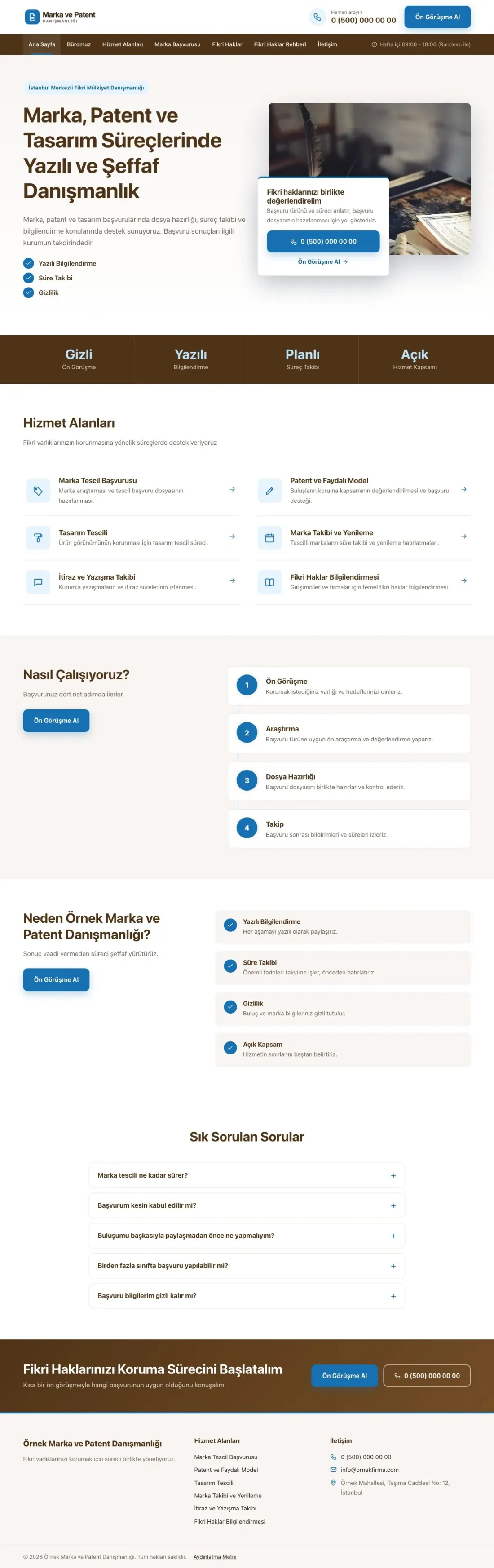Bölünmüş Kahve Mavi – Patent ve Marka Danışmanlığı Web Sitesi ana sayfa görünümü