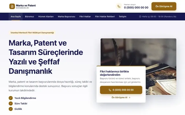 Bölünmüş Lacivert Turuncu – Patent ve Marka Danışmanlığı Web Sitesi ana sayfa görünümü
