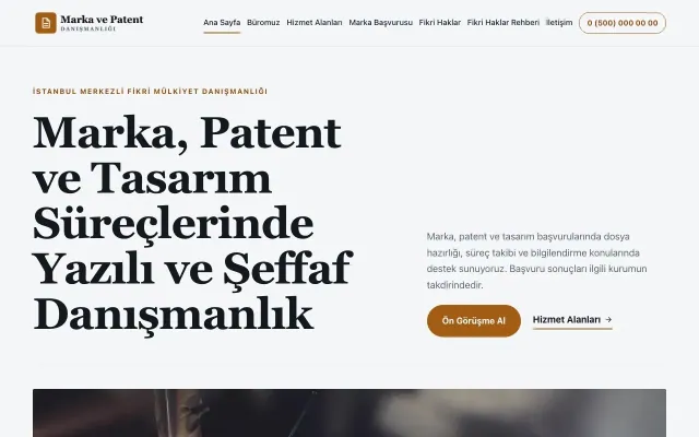 Editoryal Mavi Turuncu – Patent ve Marka Danışmanlığı Web Sitesi ana sayfa görünümü