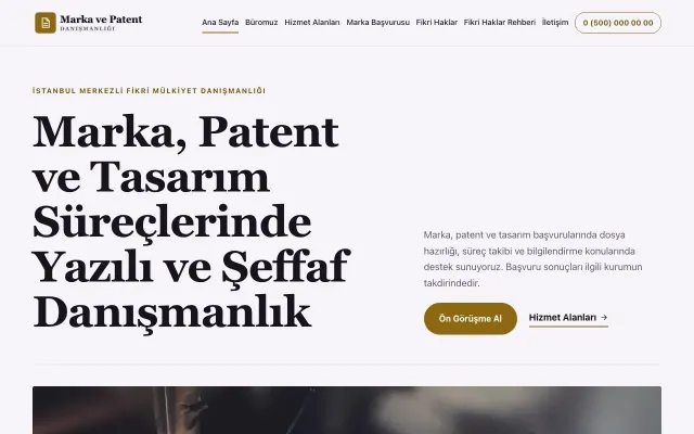 Editoryal Mor Amber – Patent ve Marka Danışmanlığı Web Sitesi ana sayfa görünümü