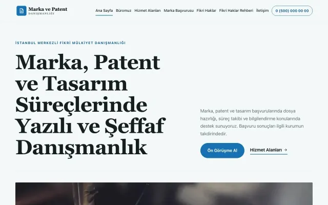 Editoryal Petrol Mavi – Patent ve Marka Danışmanlığı Web Sitesi ana sayfa görünümü