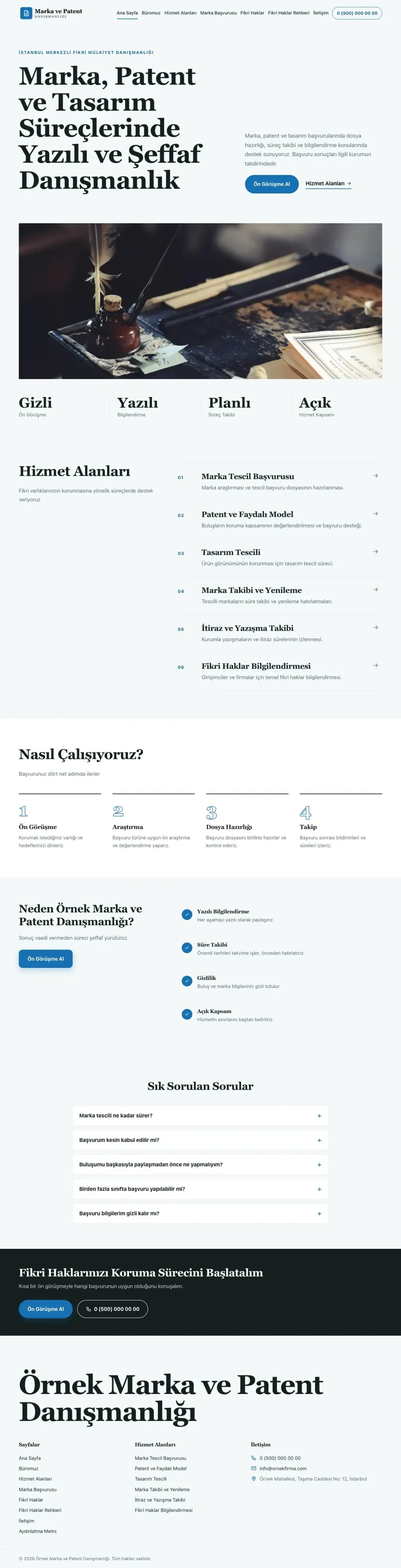 Editoryal Petrol Mavi – Patent ve Marka Danışmanlığı Web Sitesi ana sayfa görünümü