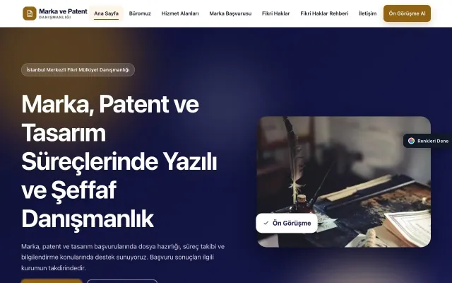 Patent ve Marka Danışmanlığı için Hareketli Lacivert Turuncu – Patent ve Marka Danışmanlığı Web Sitesi ana sayfa görünümü