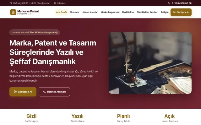 Klasik Bordo Amber – Patent ve Marka Danışmanlığı Web Sitesi ana sayfa görünümü