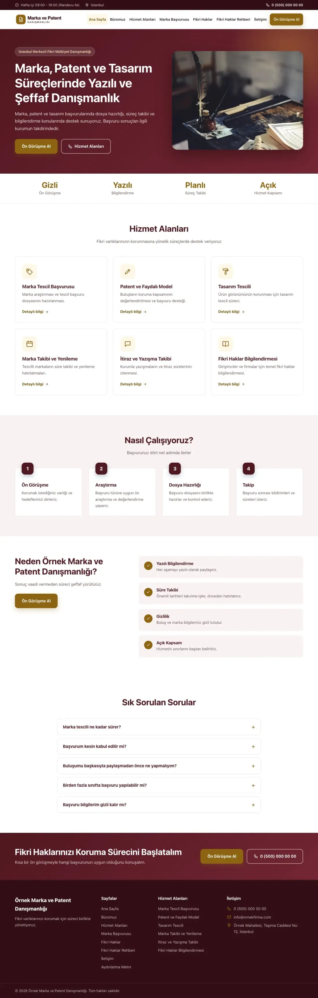 Klasik Bordo Amber – Patent ve Marka Danışmanlığı Web Sitesi ana sayfa görünümü