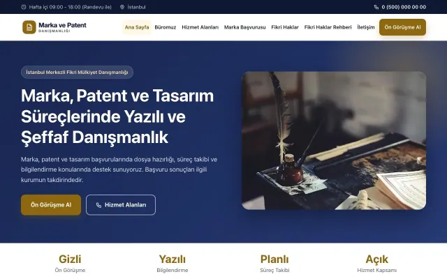 Klasik Lacivert Amber – Patent ve Marka Danışmanlığı Web Sitesi ana sayfa görünümü
