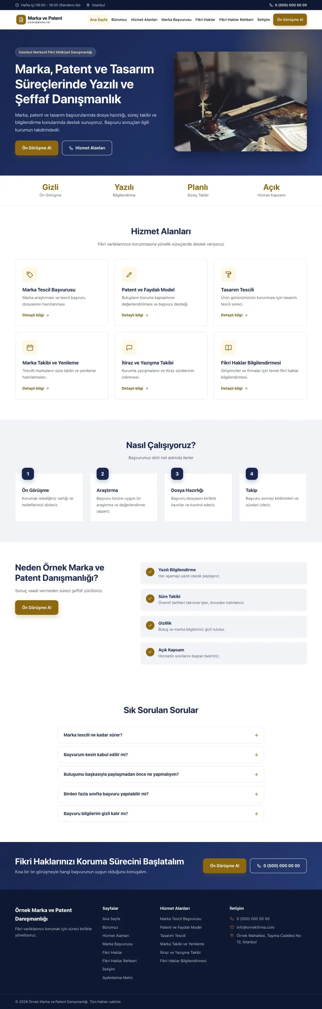 Klasik Lacivert Amber – Patent ve Marka Danışmanlığı Web Sitesi ana sayfa görünümü