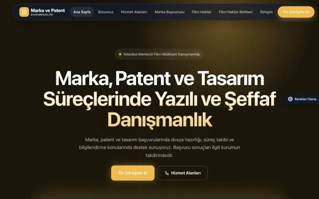 Patent ve Marka Danışmanlığı için Koyu Modern Kahve Amber – Patent ve Marka Danışmanlığı Web Sitesi ana sayfa görünümü