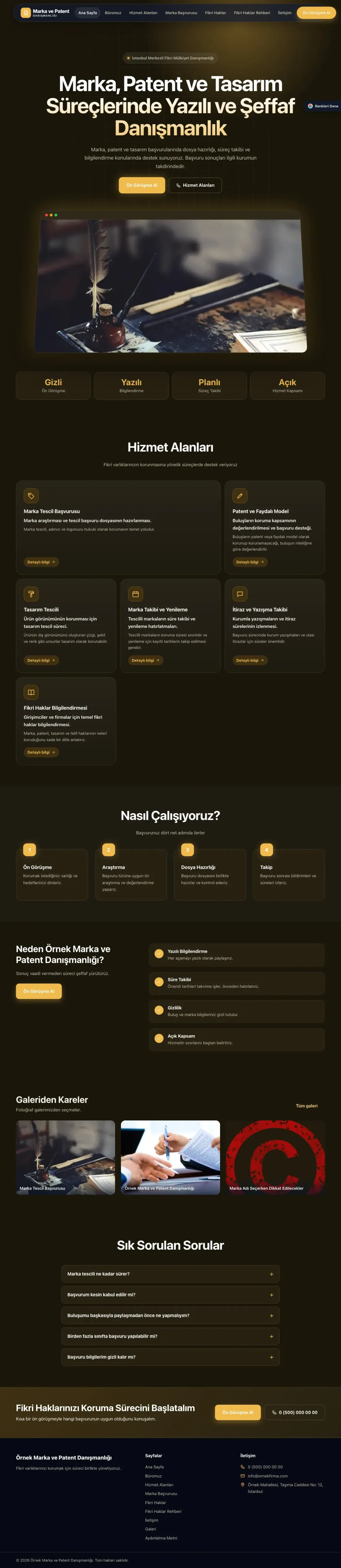 Patent ve Marka Danışmanlığı için Koyu Modern Kahve Amber – Patent ve Marka Danışmanlığı Web Sitesi ana sayfa görünümü