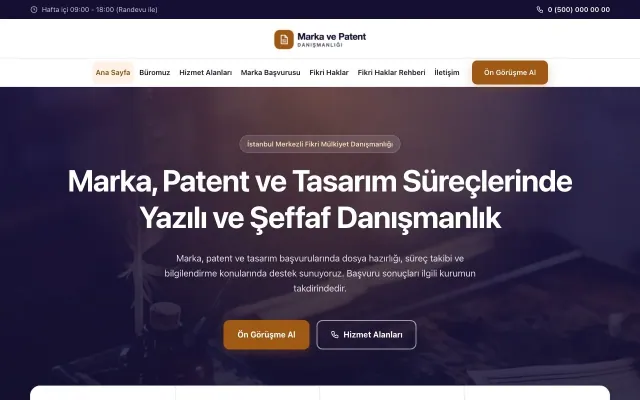 Merkez Lacivert Turuncu – Patent ve Marka Danışmanlığı Web Sitesi ana sayfa görünümü