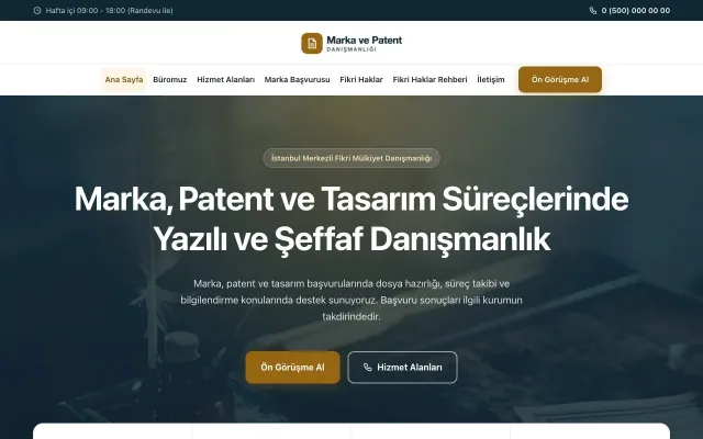 Merkez Mavi Turuncu – Patent ve Marka Danışmanlığı Web Sitesi ana sayfa görünümü