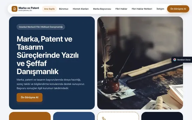 Patent ve Marka Danışmanlığı için Mozaik Mavi Turuncu – Patent ve Marka Danışmanlığı Web Sitesi ana sayfa görünümü