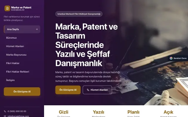 Patent ve Marka Danışmanlığı için Sol Menü Mor Turuncu – Patent ve Marka Danışmanlığı Web Sitesi ana sayfa görünümü