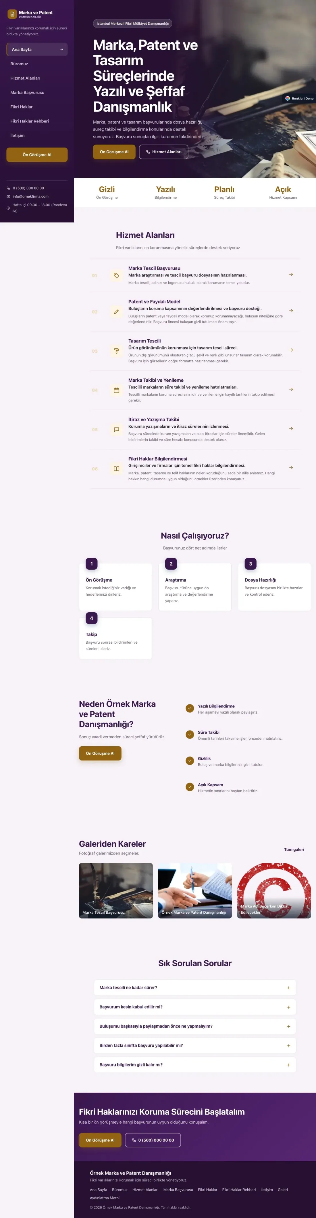 Patent ve Marka Danışmanlığı için Sol Menü Mor Turuncu – Patent ve Marka Danışmanlığı Web Sitesi ana sayfa görünümü